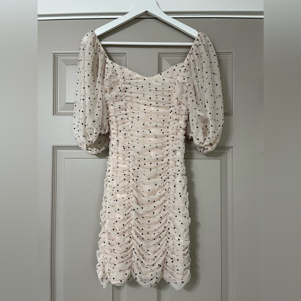 ZARA puffed sleeve gathered polka dot party mini dress